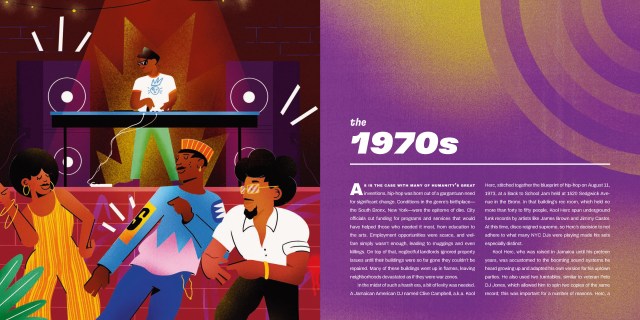 Interior spread from "Ode to Hip-Hop" displaying illustrations and text